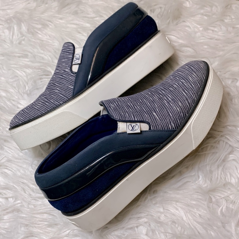 LOUIS Vuitton slip on sneakers mix Media leather platform size 37.5